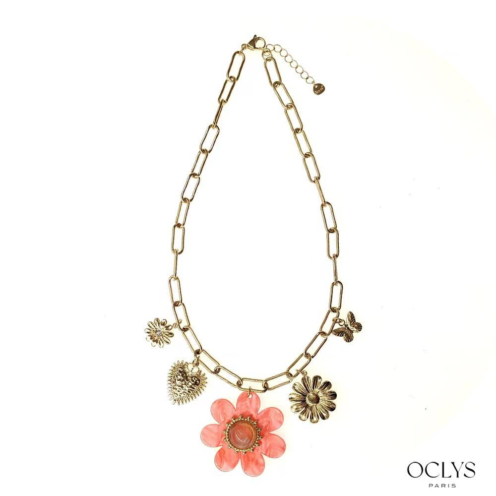 Oclys - Wholesale Pendant/Charm Necklace - Golden chain necklace with flower charms in stainless steel Aki3