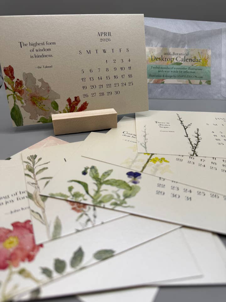 Little desktop calendar (with wooden display stand) for wholesale by Leafy Lexicon