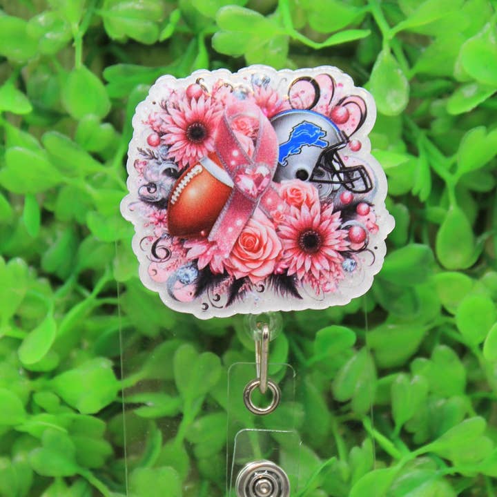 Porte-badge/enrouleur de carte d'identité de sensibilisation au cancer du sein des Detroit Lions pour la vente par Hylidae Boutique