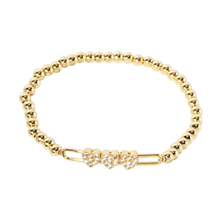 Gold Beaded w/ 3 CZ Hearts Bracelet for wholesale by Malibu Sugar