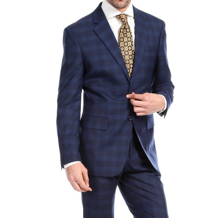 Yves Navy Blue Plaid Check Men's Premium 2pc Premium Wool Slim Fit Suit for wholesale by Ferrecci