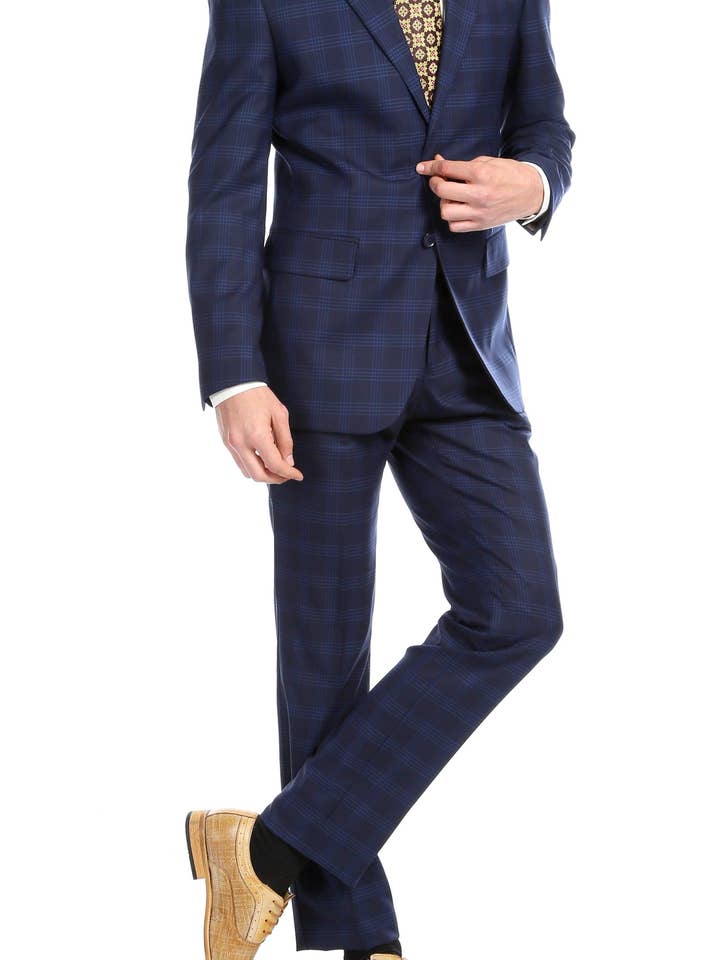 Yves Navy Blue Plaid Check Men's Premium 2pc Premium Wool Slim Fit Suit for wholesale by Ferrecci