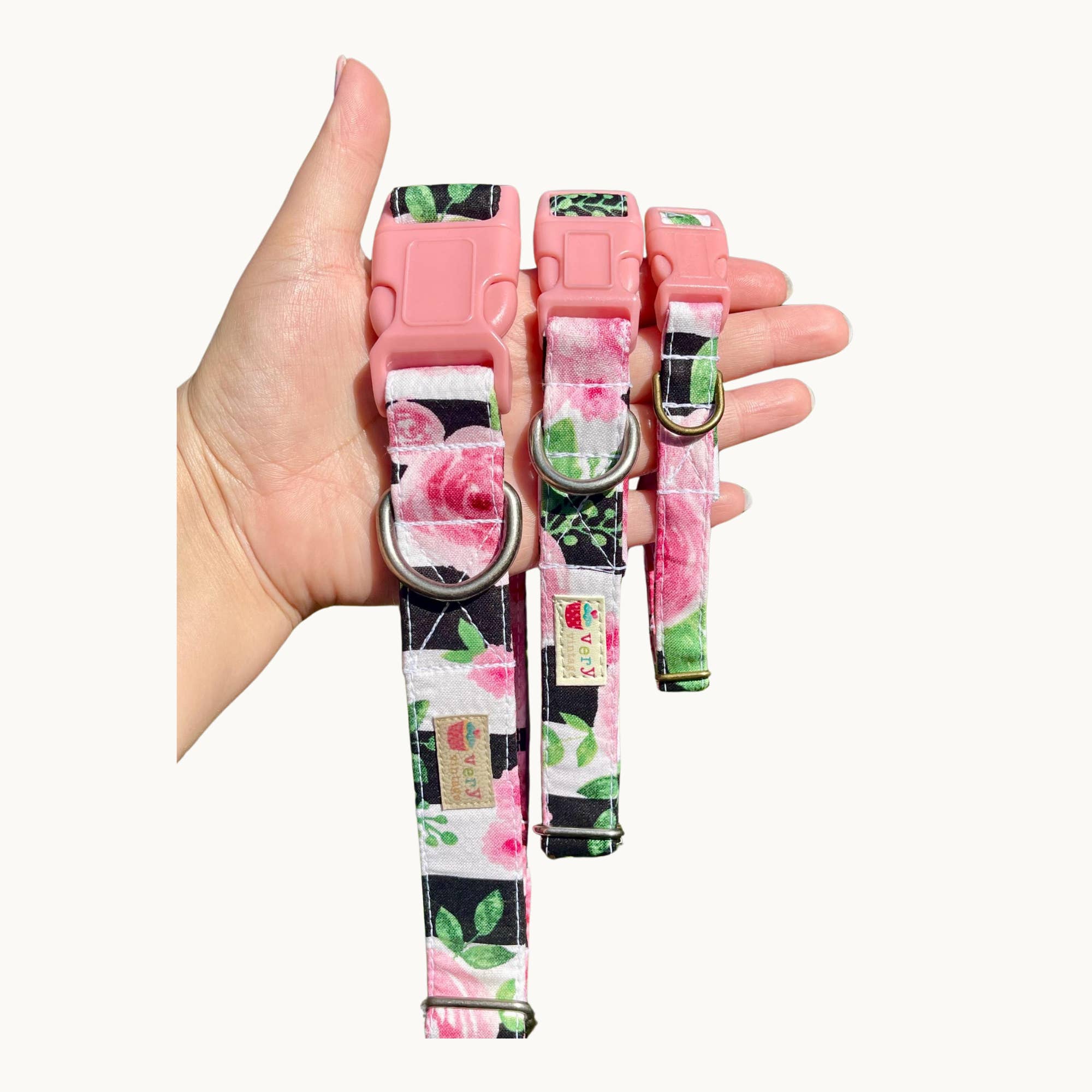 Very Vintage Designs - Wholesale Pet Collar - Cat/Dog - Rosie Dog Collar – Pink Rose Floral Stripe – Handmade in USA