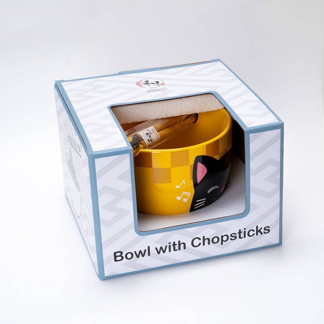 Urban Tokyo - Wholesale Bowl - 18oz 5"D Donburi Bowl With Chopsticks Set Neko Friends Yellow (4/16)4