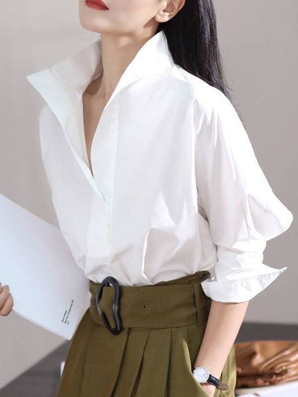 WHITE Long Sleeves Loose Solid Color Lapel Collar Blouses&Shirts Tops for wholesale on Faire0