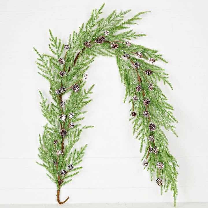 510511- 5ft Garland-Snow Flock Norfolk Pine with Birchcones- for wholesale by Impressive Enterprises, Inc.