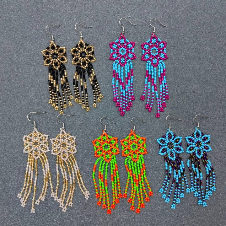 Mio Queena - Wholesale Tassel Earrings - Boho Colored Flower Pattern Seed Beads Fringe Earrings-BJ/S