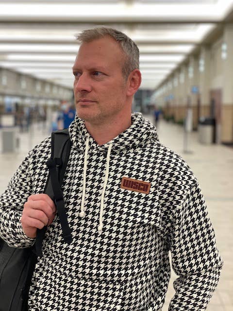 Houndstooth Vegan Leather Block Hoodie for wholesale by Flags Over Wisconsin