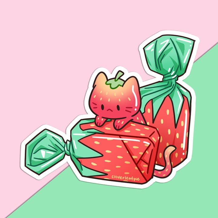 Autocollant en vinyle Strawberry Candy Cat pour la vente par Cloverleafpie