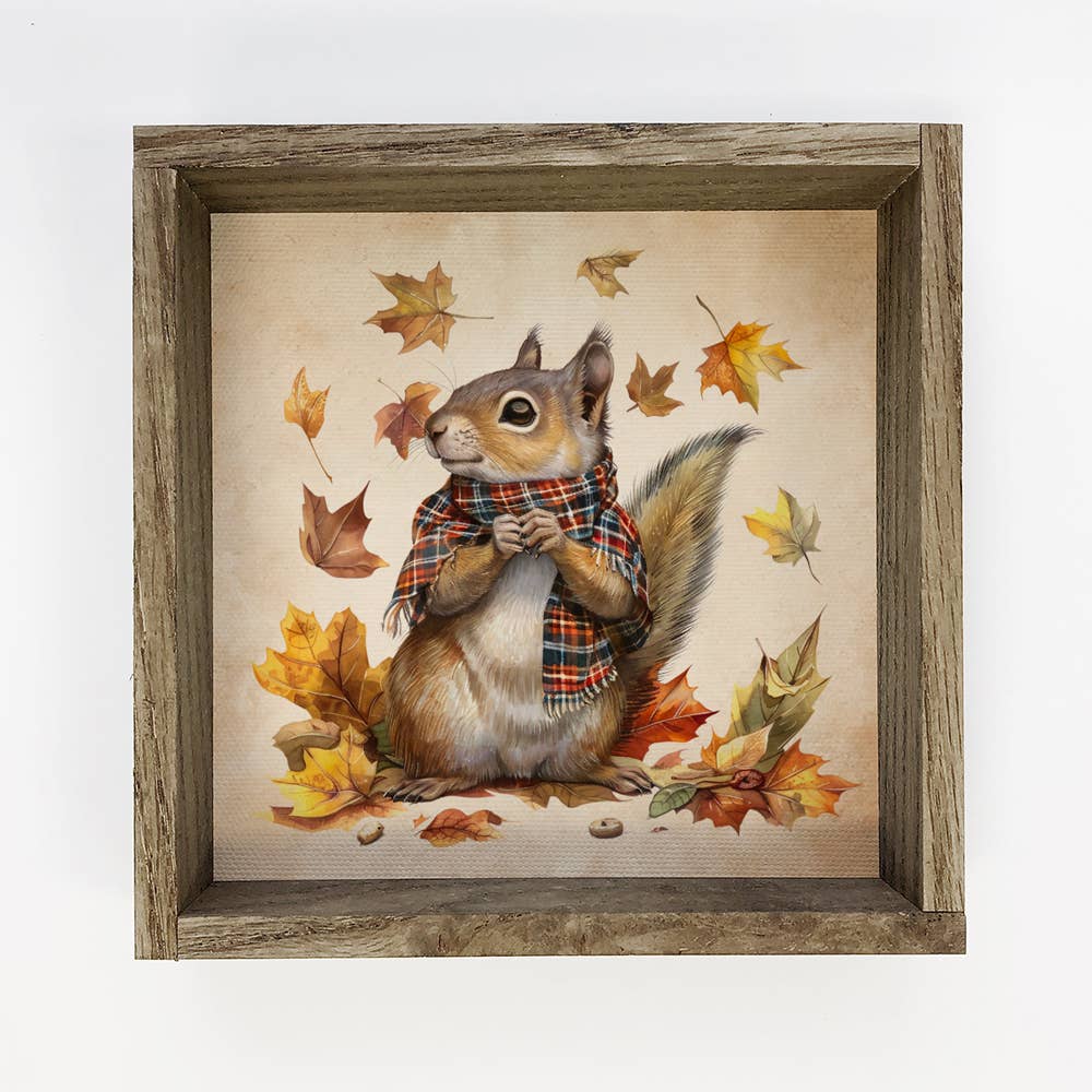 Hangout Home - Wholesale Art Print - Fall Flannel Squirrel with Scarf - Fall Squirrel Canvas Art0
