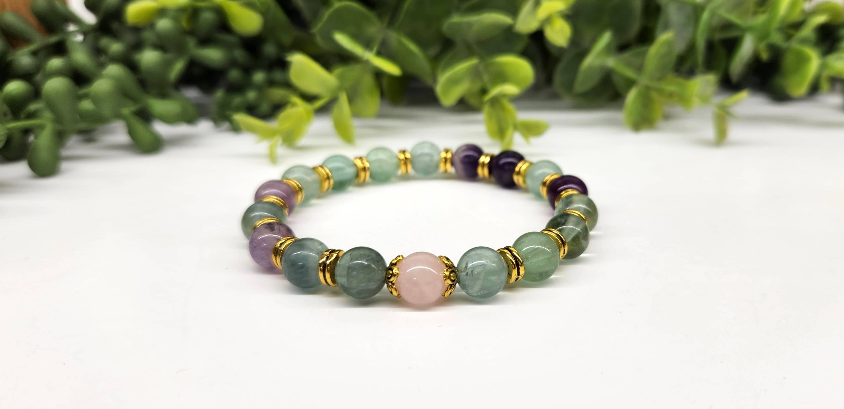 Meraki Gemstones - Wholesale Beaded bracelet - INNER PEACE - Rainbow Fluorite/Rose Quartz(center) 8mm,7.5"L2