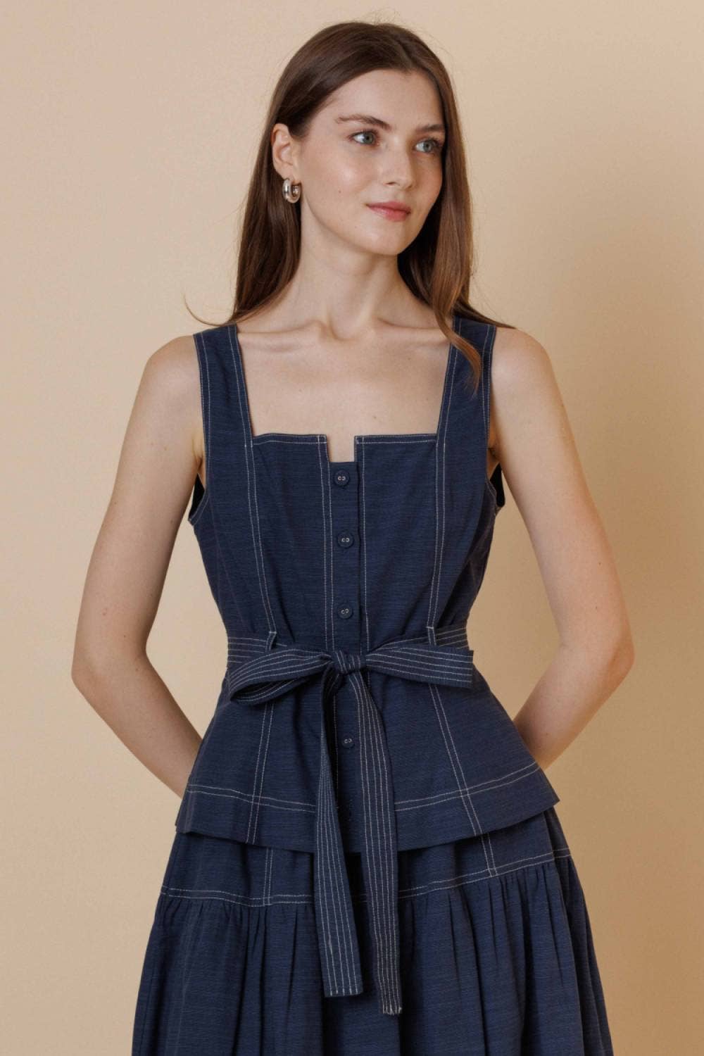 A & SHE - Wholesale T-Shirt - Women's - Square Neck Button Down Contrast Stitch Belted Top10