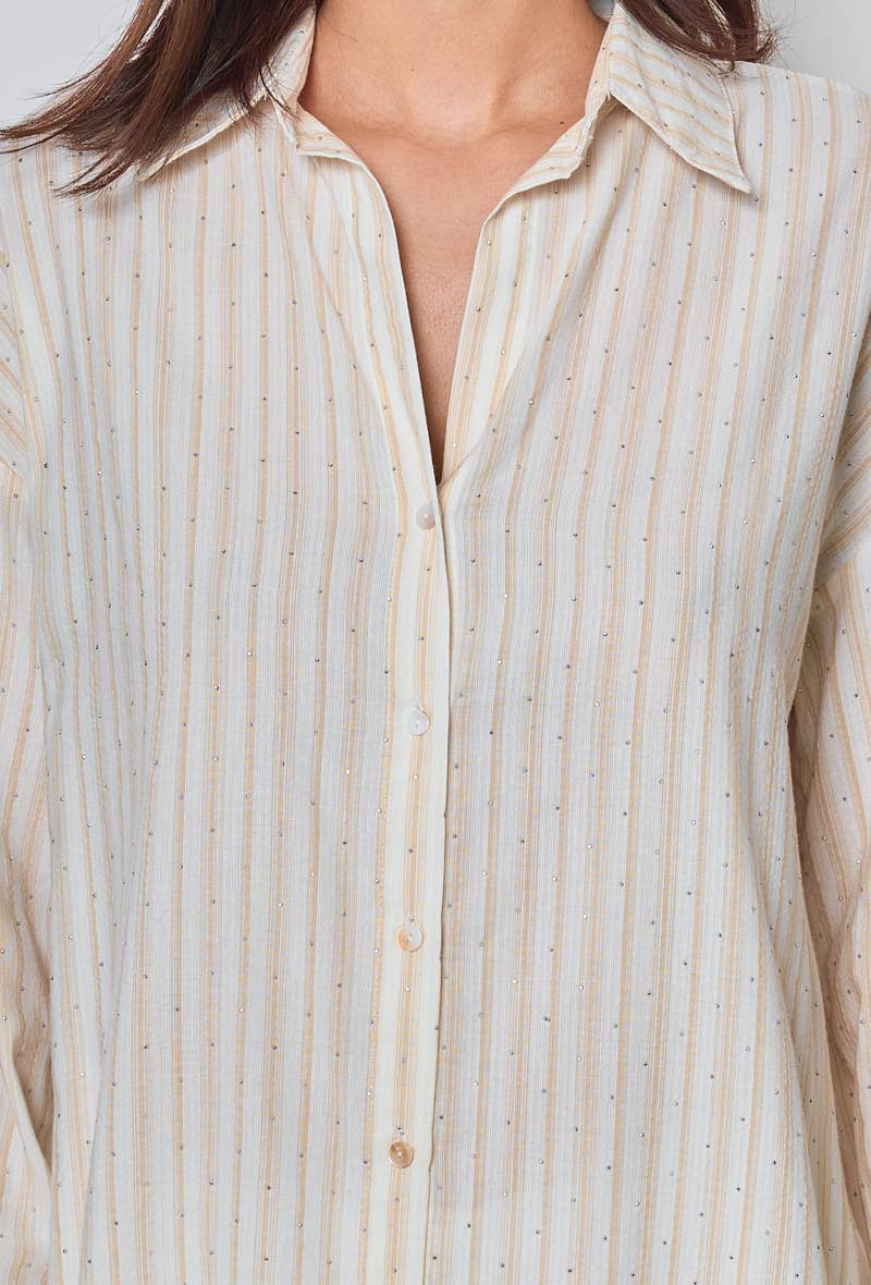 KY CREATION PARIS - Vente Chemise à col boutonné – femme - Chemise à rayures avec strass15