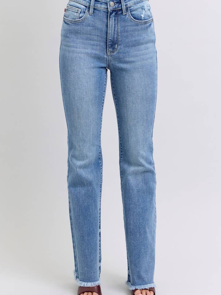 Judy Blue Full Size Raw Hem High Rise Bootcut Jeans for wholesale by ClassiQ