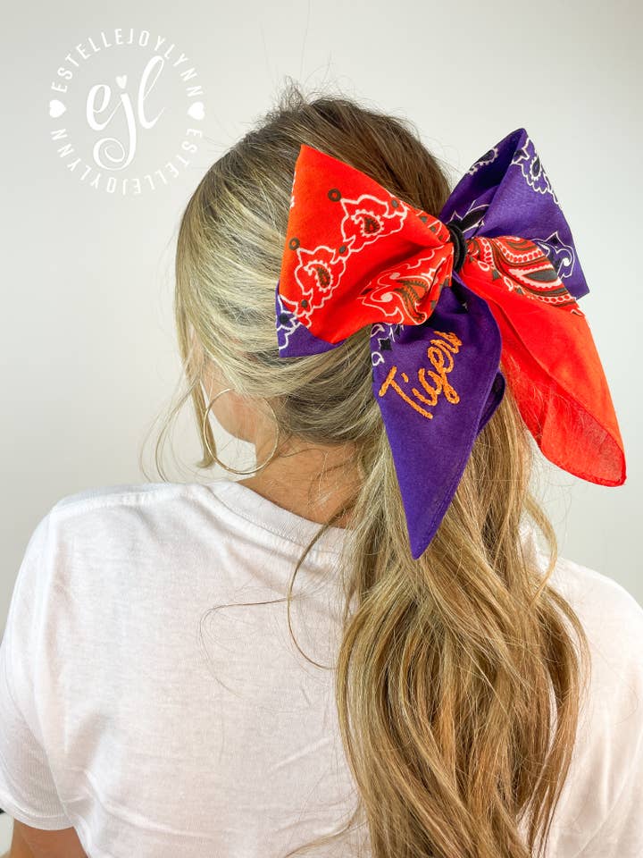 Custom Embroidered Dual Color Bandana Hair Bow© for wholesale by EstelleJoyLynn, LLC
