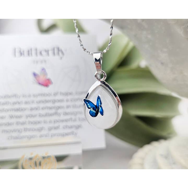 WonderLight Jewelry - Wholesale Pendant/Charm Necklace - Gemstone Teardrop Butterfly Necklace - Butterfly / Hope