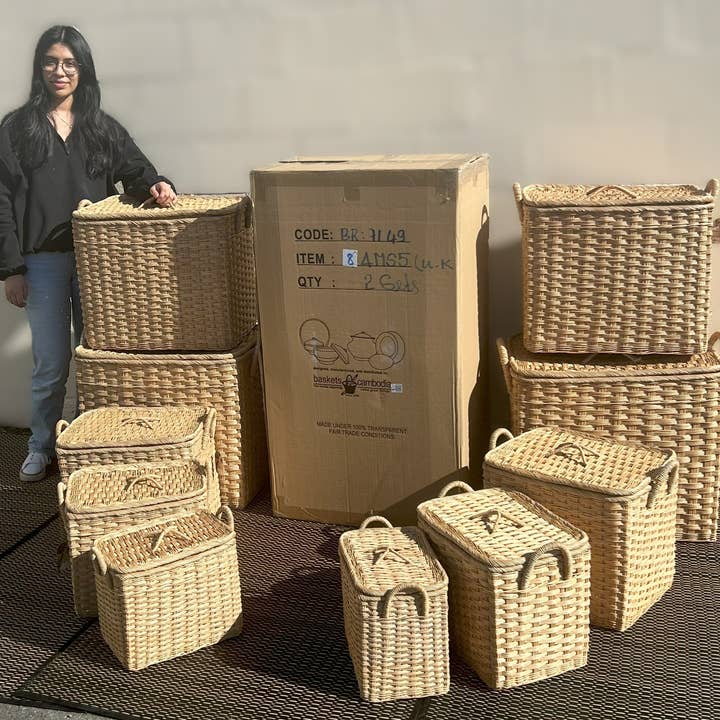 Baskets of Cambodia - Wholesale Laundry Hamper - Rectangle Rattan Basket Hamper w/ Lids & Handles 5 Size Set