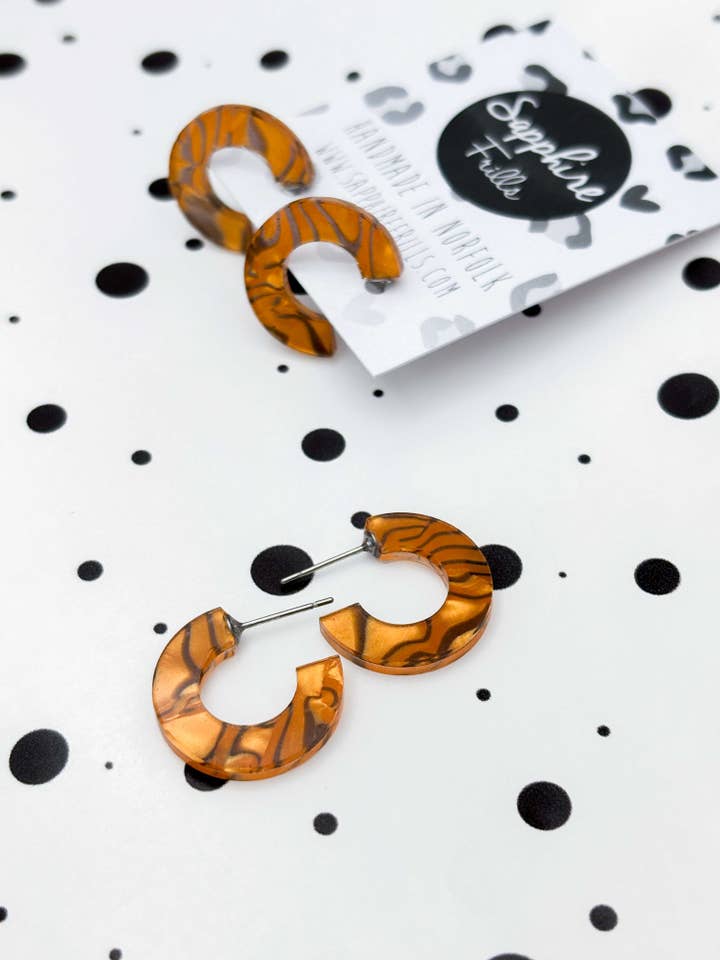 Medium Tan and Black Tiger Marble Acrylic Circle Hoops for wholesale by Sapphire Frills Ltd