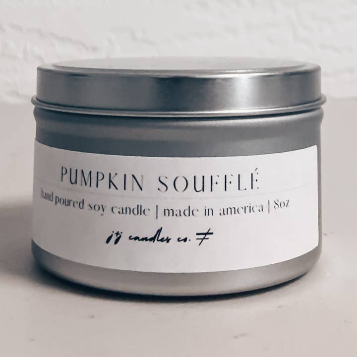 Pumpkin Soufflé 8oz Tin Soy Candle for wholesale by j&j candles co.