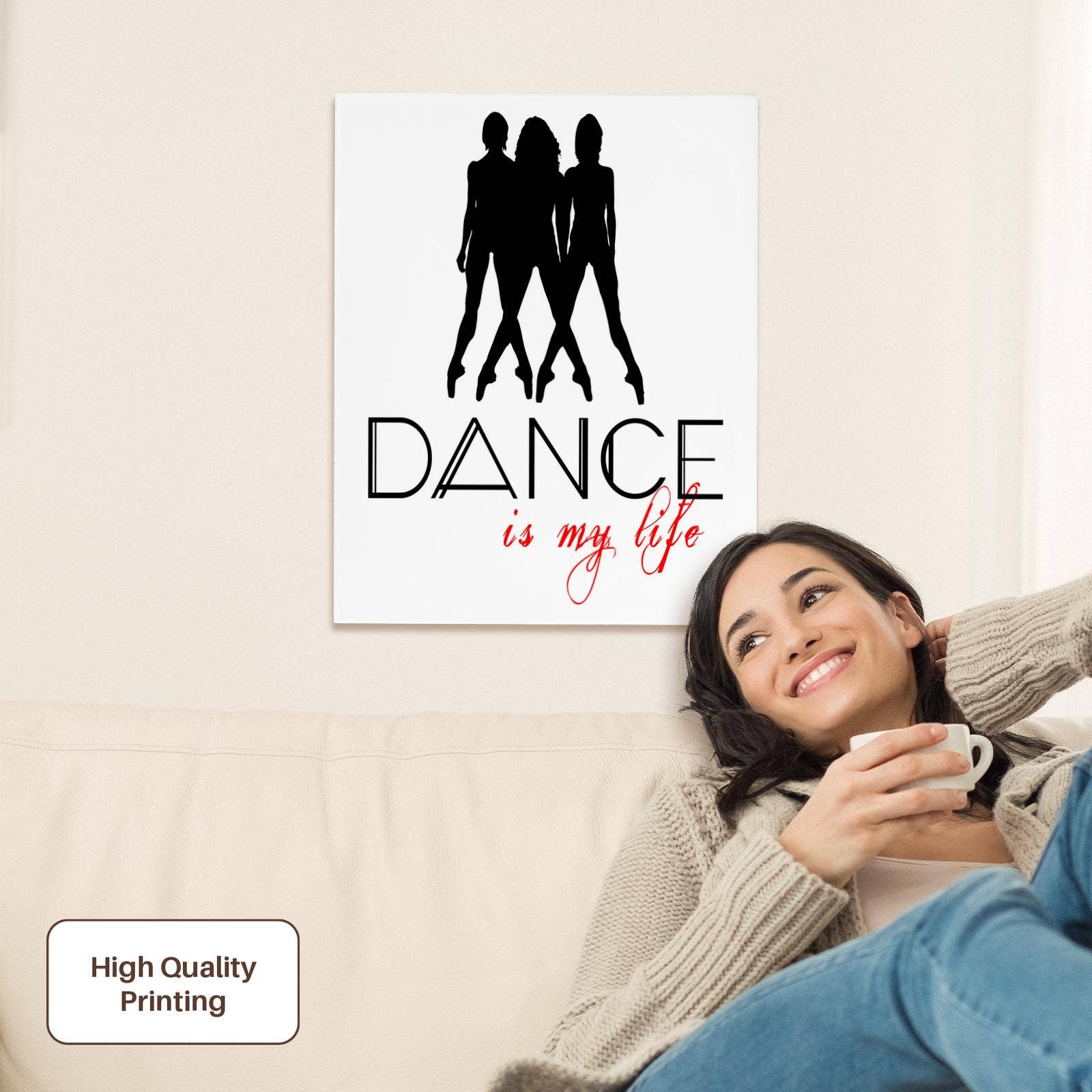 3dRose – Großhandel Kunstdruck – 3dRose, Drei weibliche Figuren in schwarzer Farbe. Text: Tanzen ist mein Leben auf weißem, museumstauglichem Leinwanddruck.1