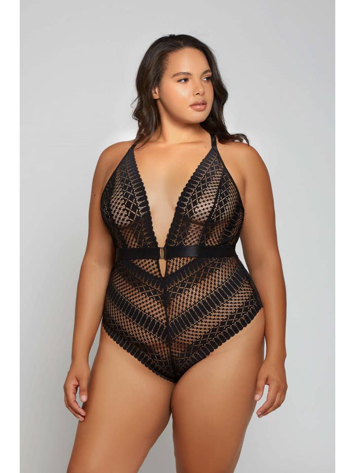 iCollection - Wholesale Lingerie Bodysuit - Women's - Best Seller! Hazel Plus Size Lace Plunge Bodysuit Lingerie