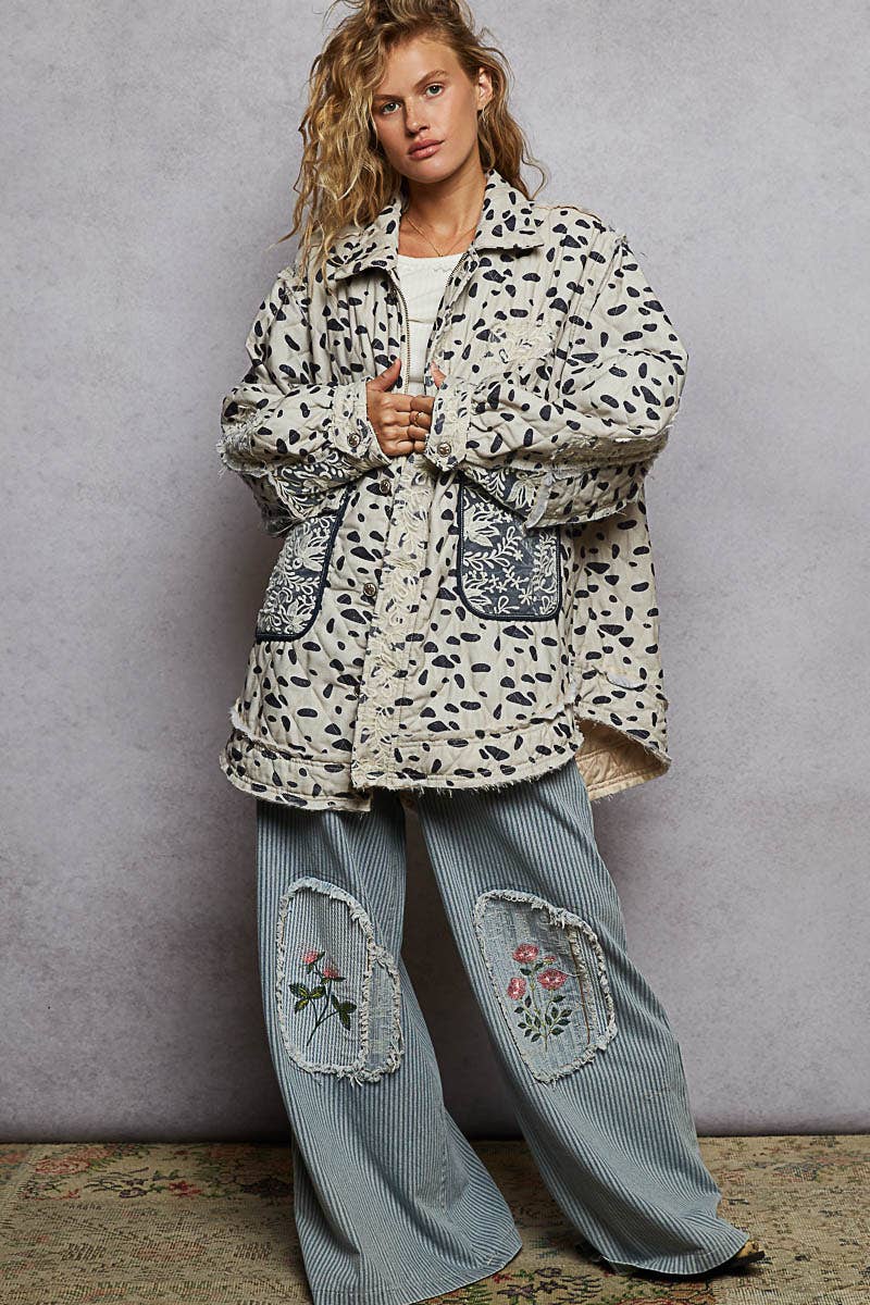 OATMEAL MULTI Long sleeve elbow patch overlaid lace quilted woven jacket for wholesale on Faire4