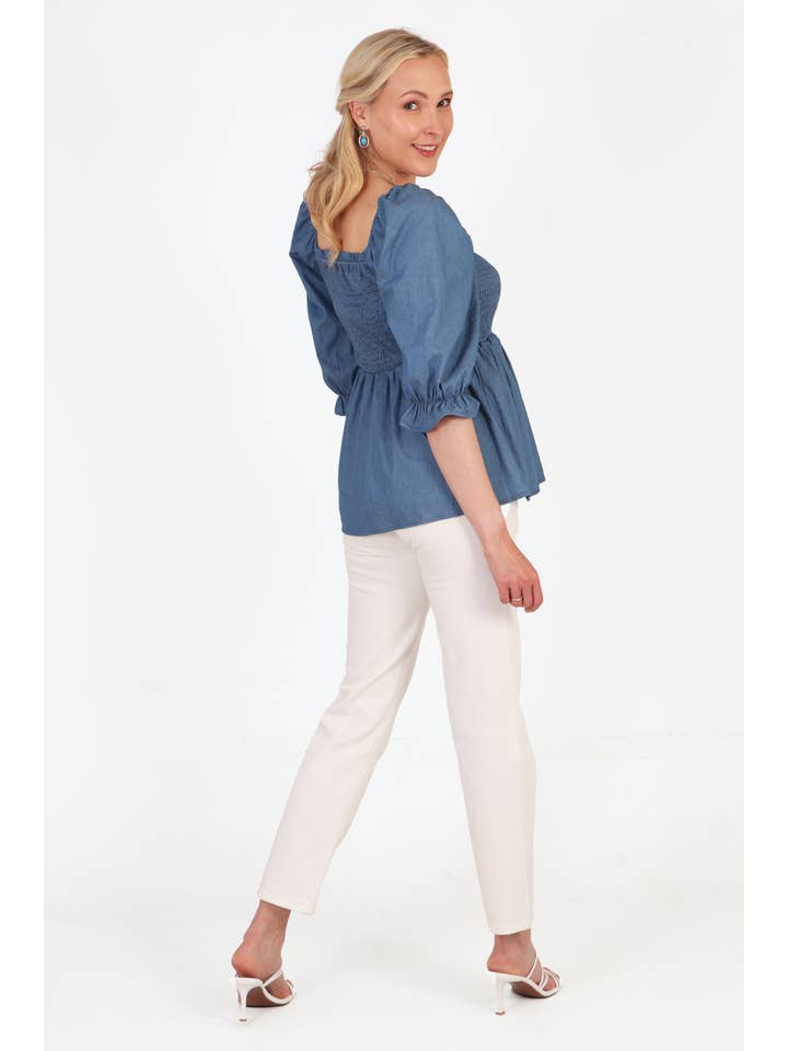 Sarta – wholesale Blouse – Women’s – Denim Look Milkmaid Top with Puff Sleeves in Blue1
