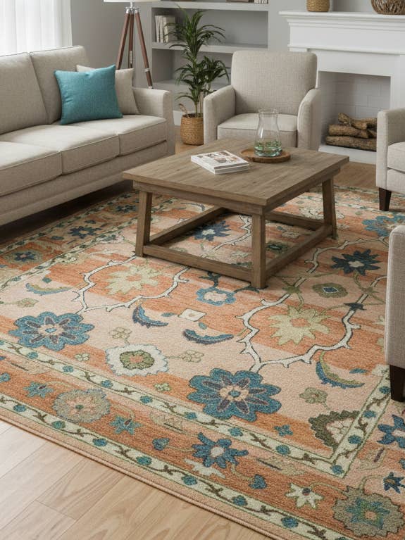 Skräddarsydd övergångsmatta i persika och blått, handtuftad i ull. för wholesale av The Rug Decor, Inc.