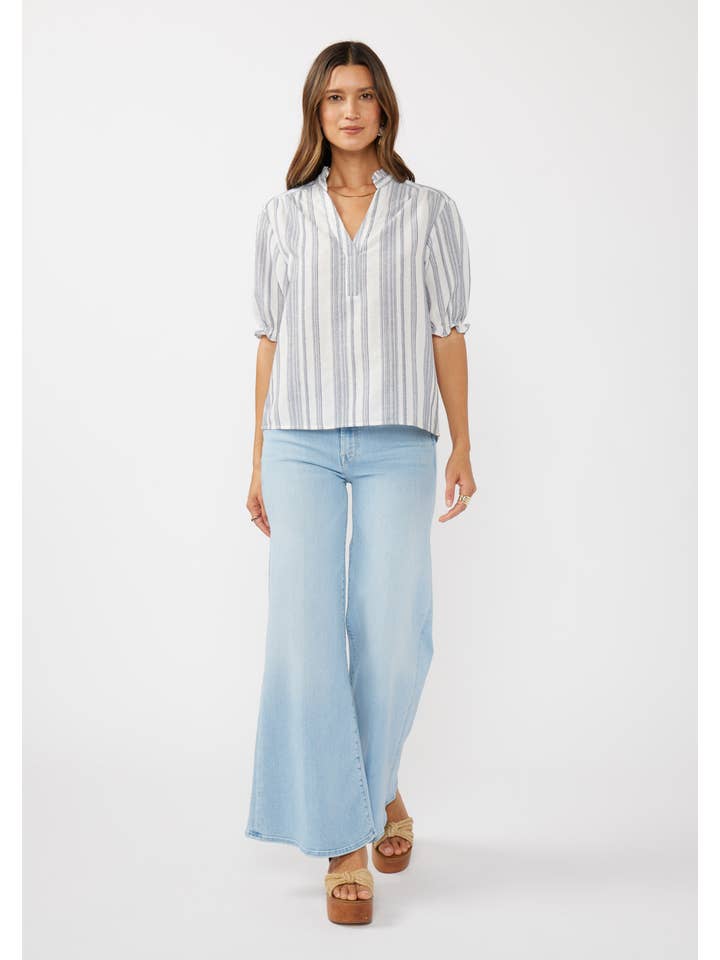 Navy Natural Yarn-Dyed Striped Puff Sleeve Split Neck Top for wholesale on Faire4