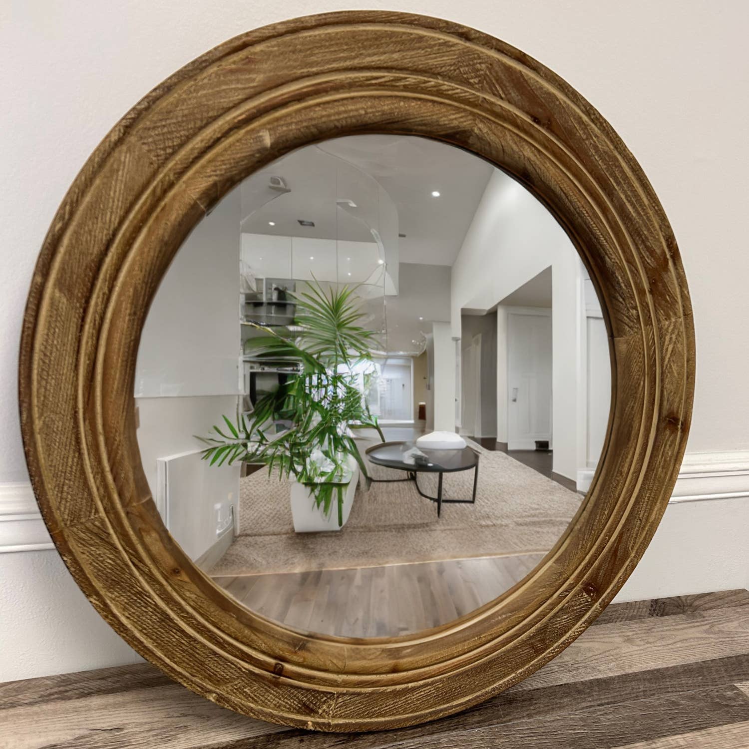 Wholesale Round Mirror With Brown Wooden Frame for your store Faire