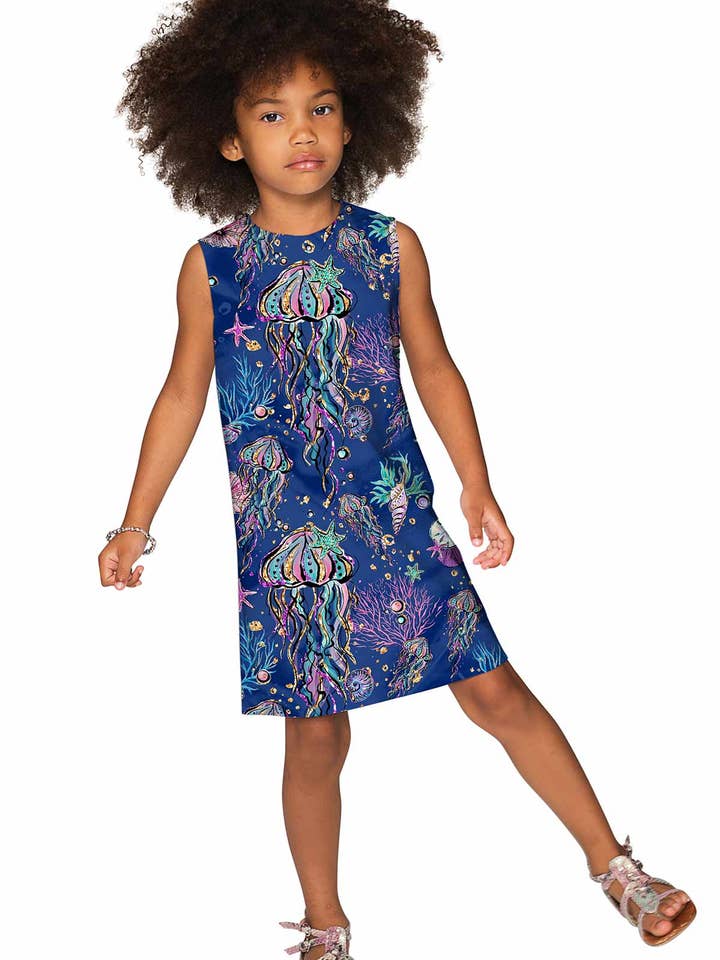 Vestido de Verão Estampado de Água-viva Adele Adorável Azul do Mar - Meninas por atacado de Pineapple Clothing