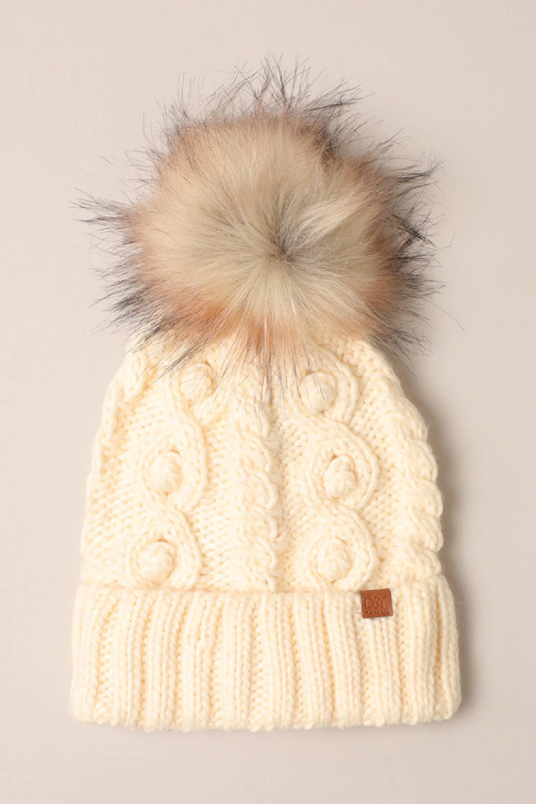 Fashion City - Wholesale Beanie - Women's - Popcorn Trim Knit Beanie w Faux Fur Pom4