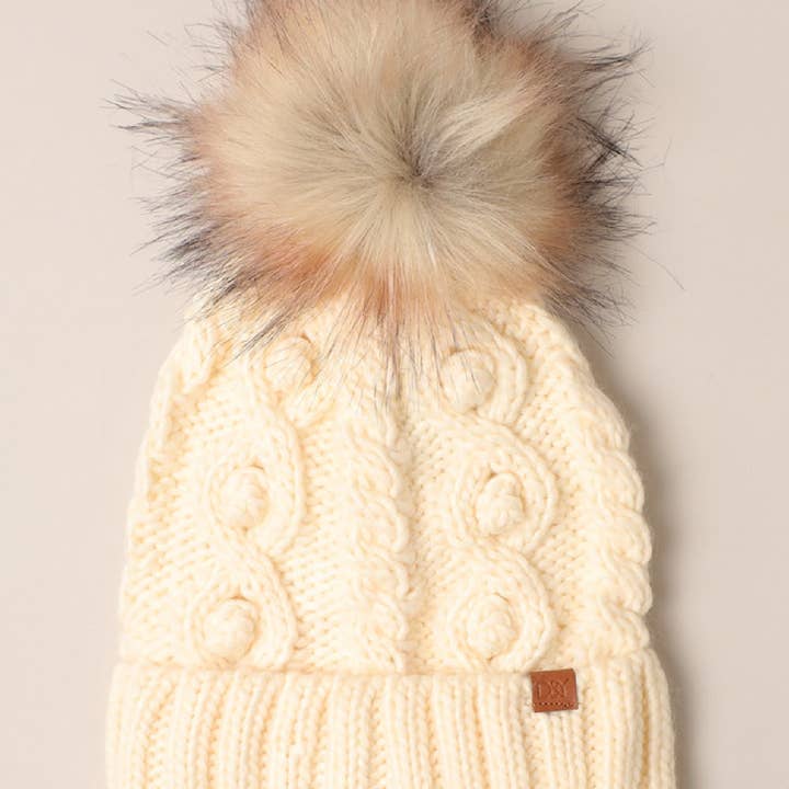 Fashion City - Wholesale Beanie – Women's - Popcorn Trim Knit Beanie w Faux Fur Pom4
