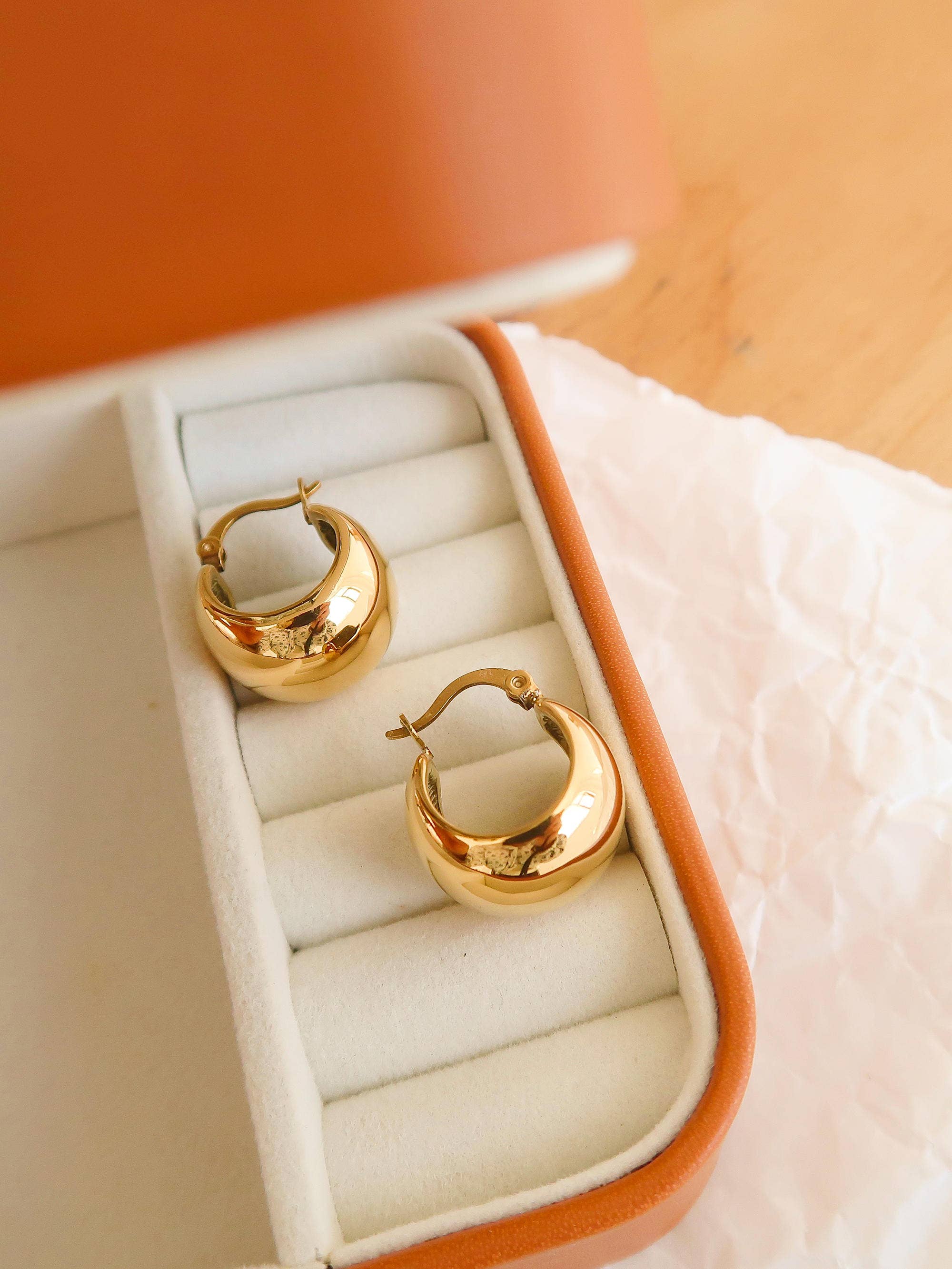 Amélie 18K Gold Non-Tarnish Classic Round Huggie Earring for wholesale on Faire2