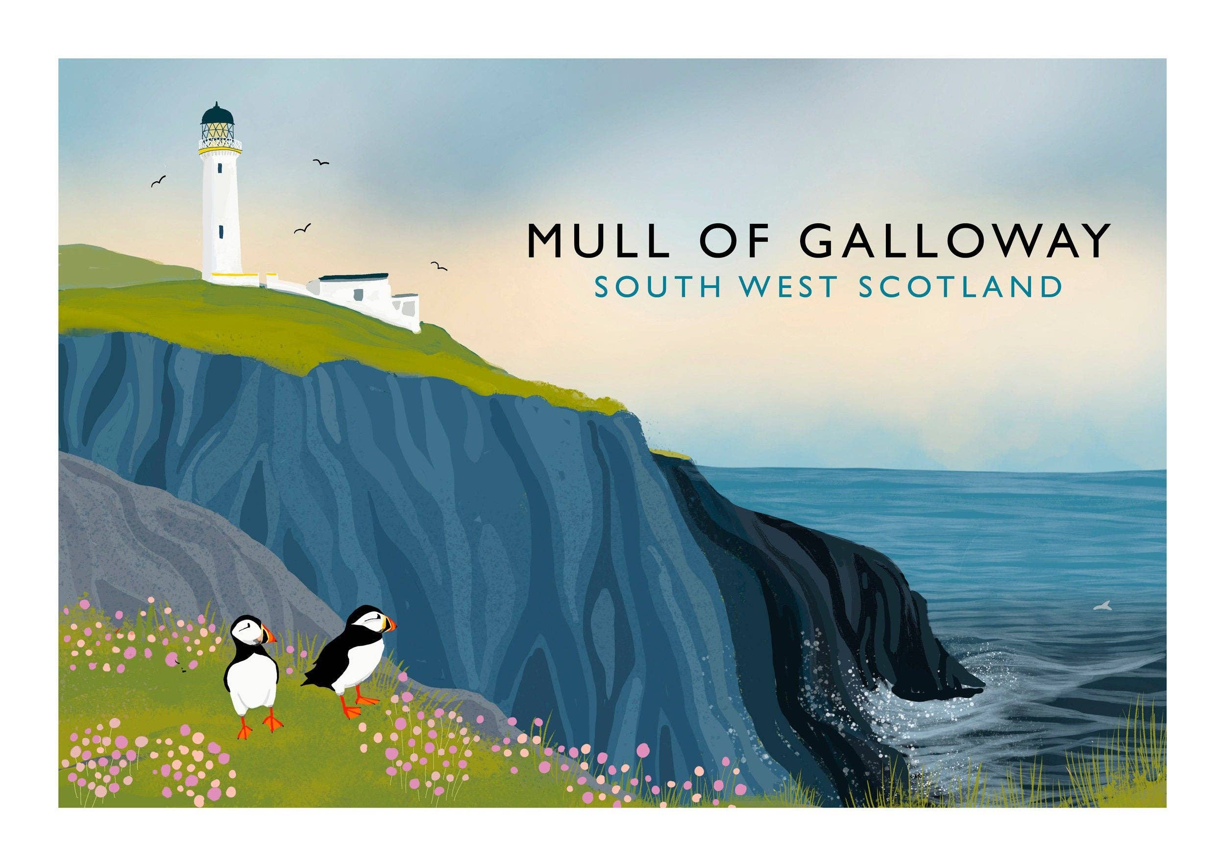 Galloway Arts - Wholesale Art Print - Mull of Galloway | Scottish Travel Poster | Signed by artist | Giclee Art print | Lighthouse print | Puffin Print