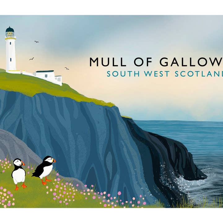 Mull of Galloway | Skotsk reseaffisch | Signerad av konstnären | Giclee konsttryck | Fyrtryck | Puffin Print för wholesale av Galloway Arts