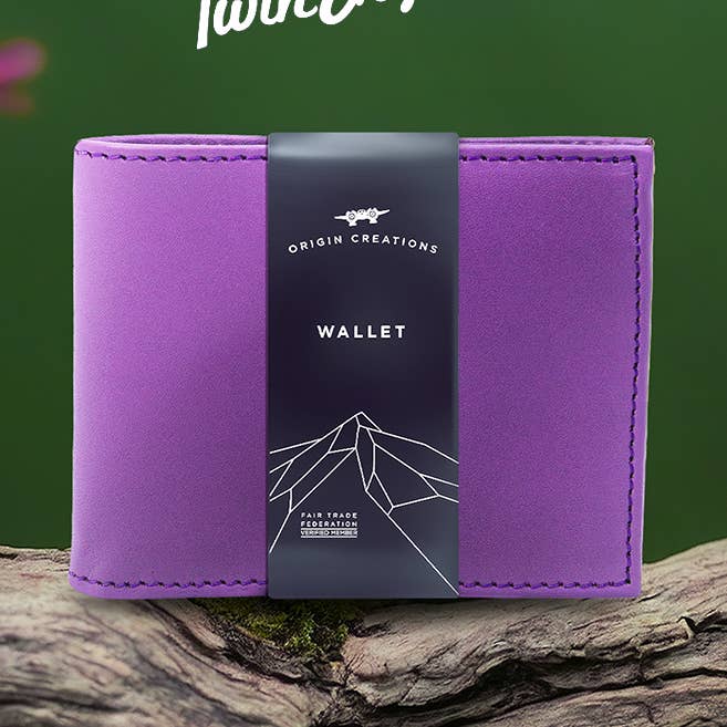 Portafoglio pieghevole in pelle - Viola - Artisan Fair Trade per la vendita all'ingrosso da parte di Twin Engine Coffee