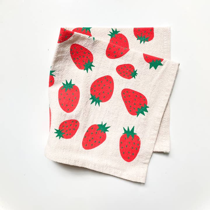 Bright Beige - Wholesale Dinner & Cloth Napkin - Hand Printed Natural Cotton Cloth Napkins, Red Strawberries
