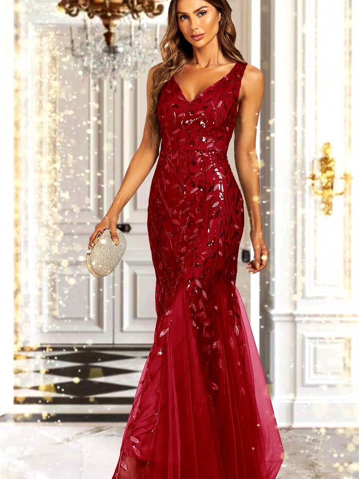 Maxikleid für Brautjungfern mit Paillettenblatt-Details und V-Ausschnitt in Weinrot. für den Großhandel von FS Collection