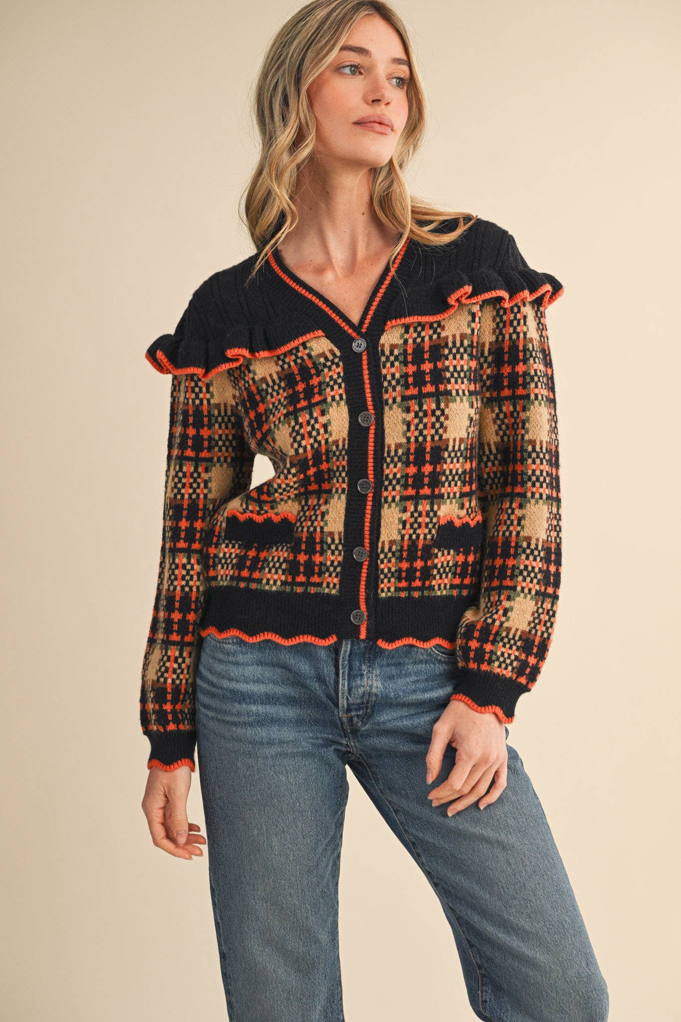 &MERCI - Wholesale Cardigan - Women's - RUFFLED YOKE PLAID SWEATER CARDIGAN MSW111851