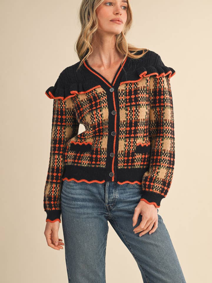 &MERCI - Wholesale Cardigan - Women's - RUFFLED YOKE PLAID SWEATER CARDIGAN MSW111851