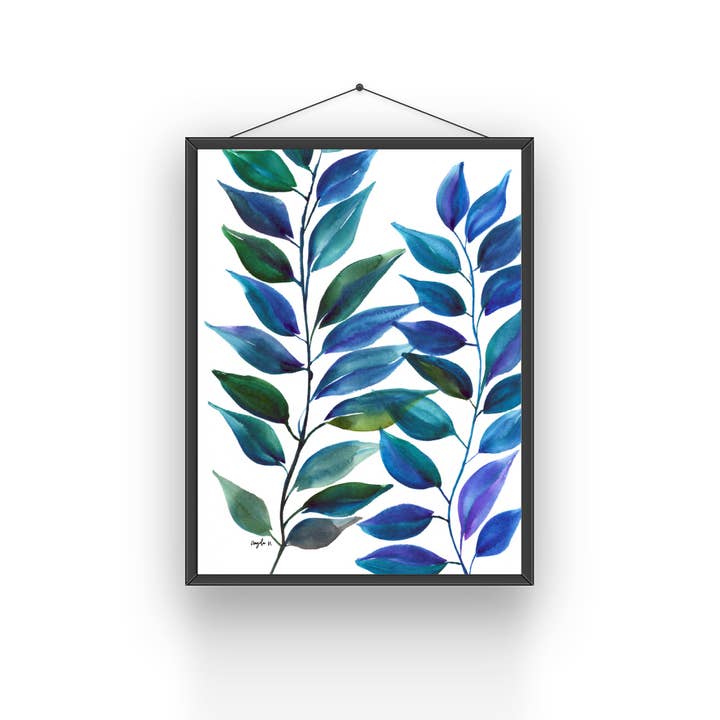 Impressão artística original em aquarela solta folhas azuis por atacado de Modera Studio