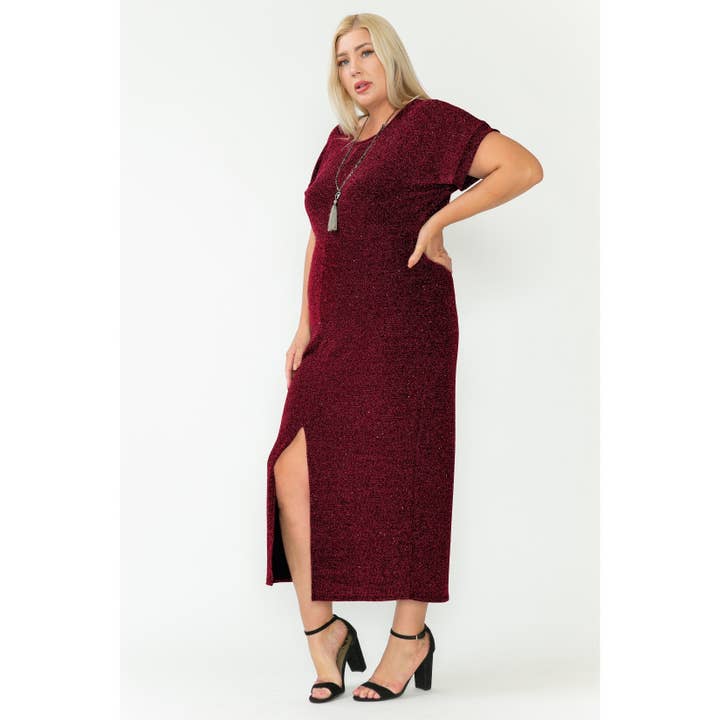 Story Teller - Wholesale Dress - Women's - Plus Size Elegant Lurex Knit Front Slit Holiday Maxi Dress