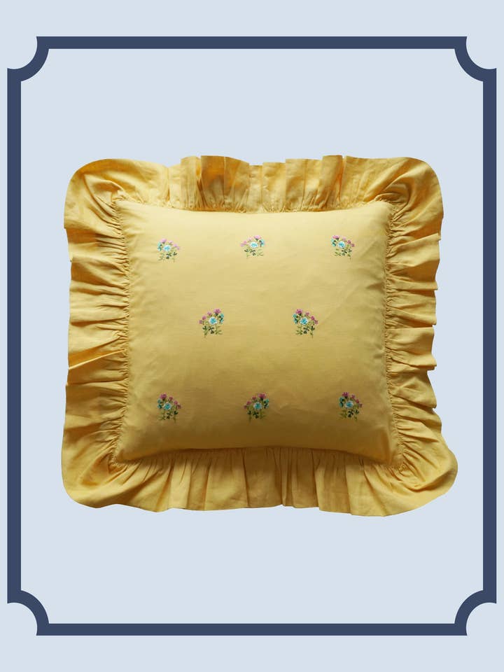 Bridgerton Embroidered Ruffle Cushion made with Linen Liberty Fabric POSY CORSAGE for wholesale by Coco & Wolf