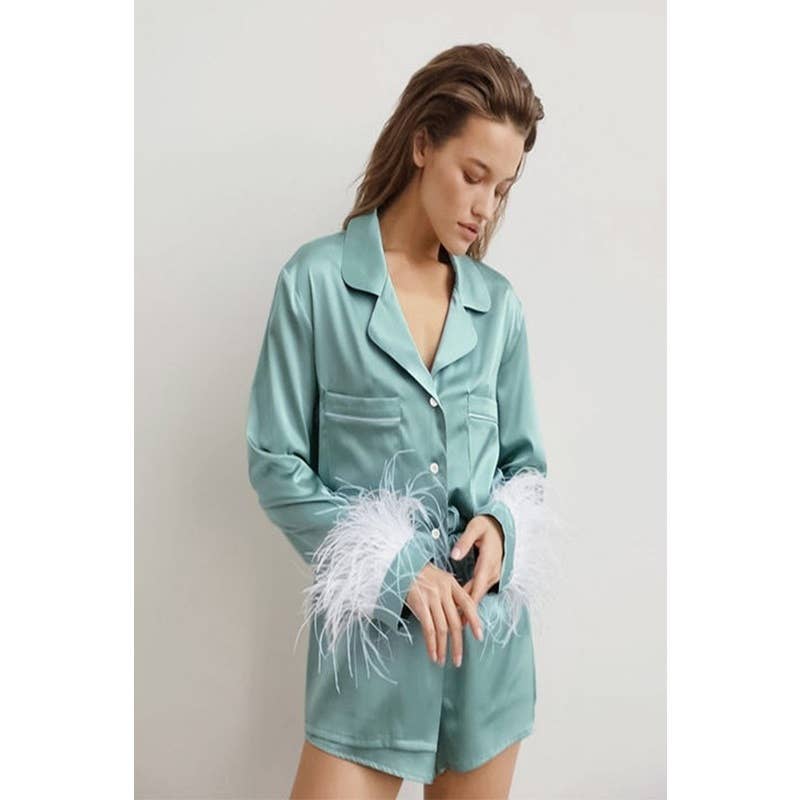 Paperdoll - Vente Haut et bas de pyjama – femme - Pyjama court à manches longues en plumes de soie5