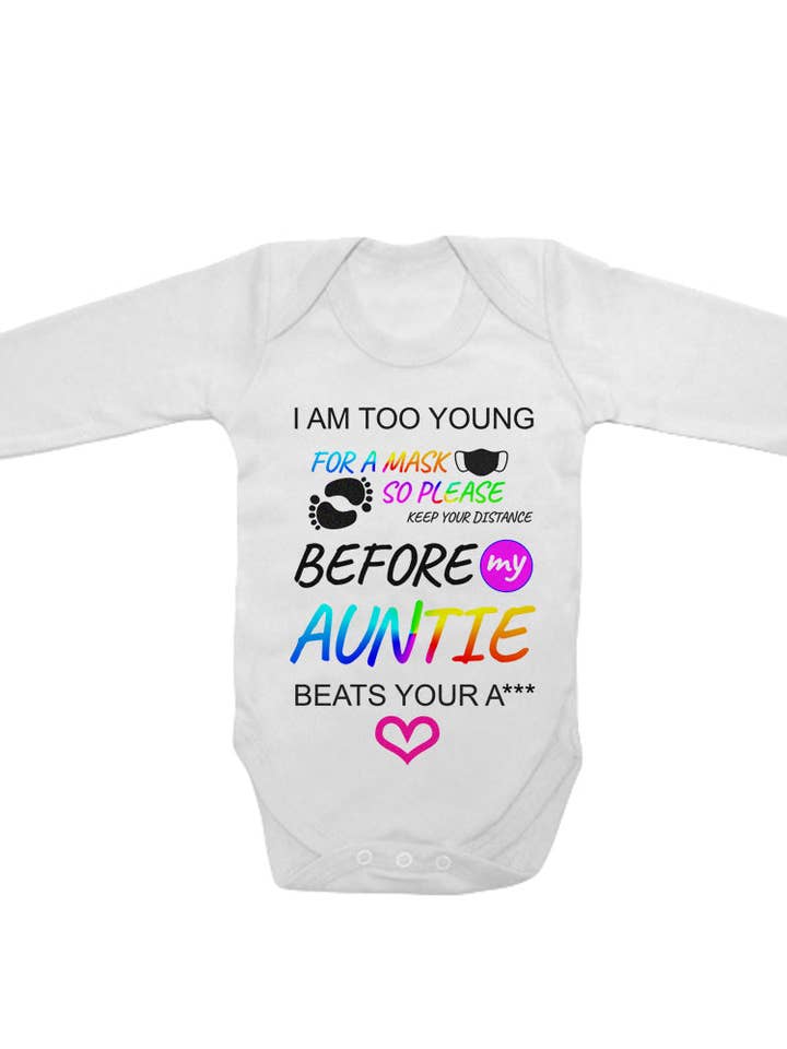Baby Long Sleeved Vest Bodysuit Grow I Am Too Young For Mask For Newborn Gift for wholesale by Little Ratbag