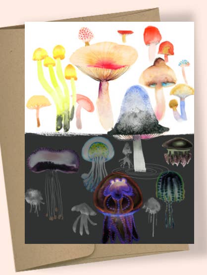 CARTE DE VOEUX AQUARELLE CHAMPIGNONS VS MÉDUSES pour la vente par Studio Masha D'yans