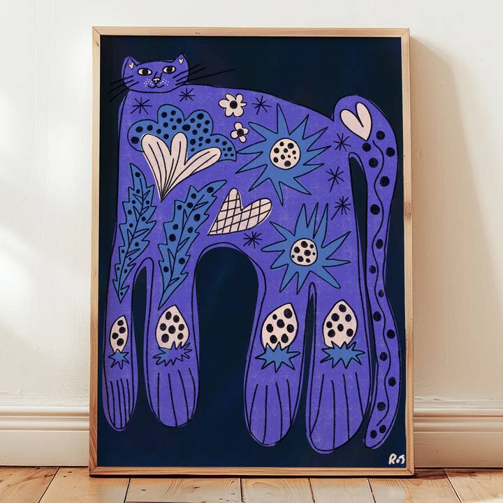 Rebecca Joy Ltd – wholesale Art print – 'Evening Cat' | Dark Coloured | Retro | Animal | Risograph Style | Print0