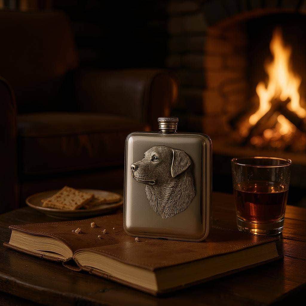 Corbell Silver - Wholesale Flask - Labrador Head English Pewter Flask 6oz. SKU #: C1046.5