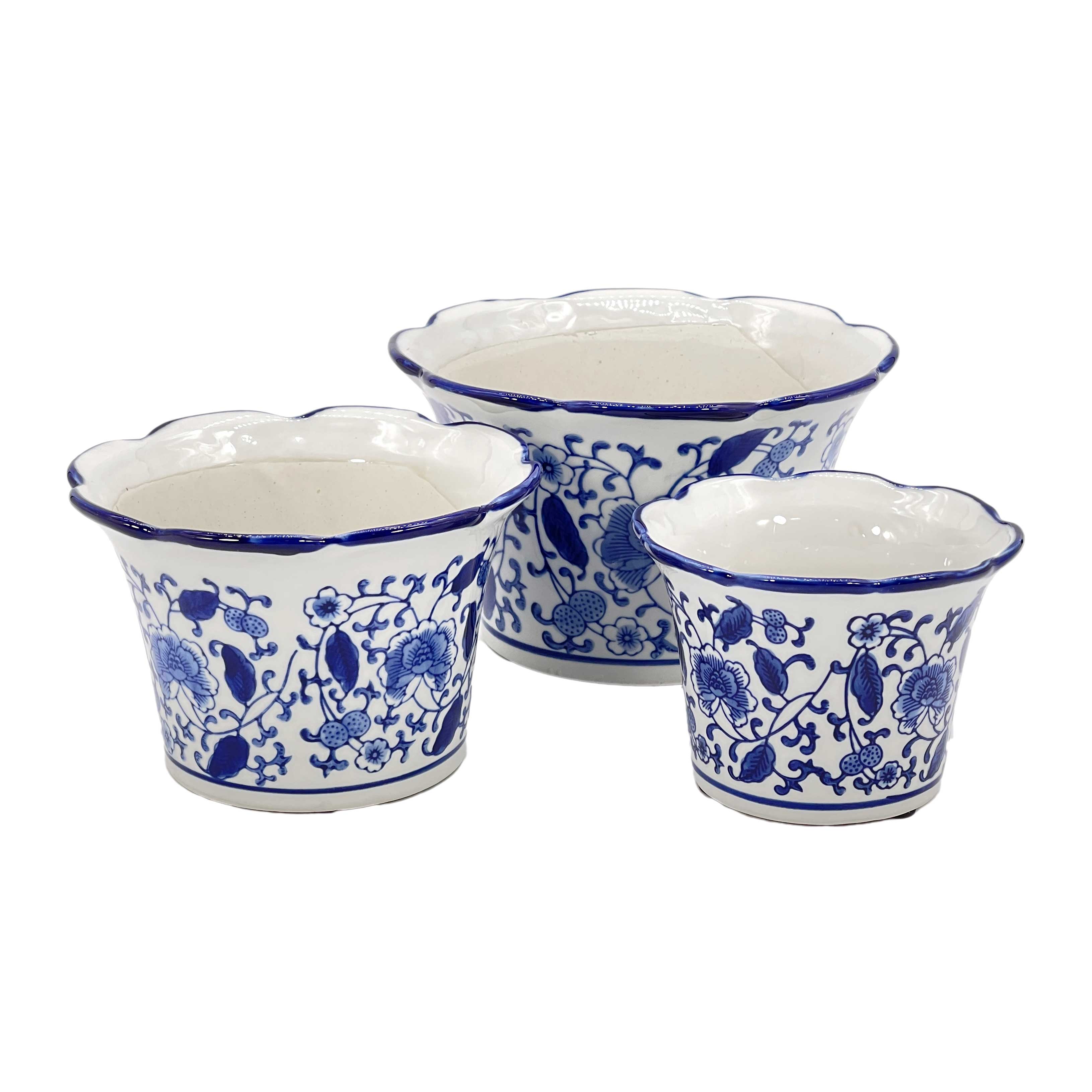Galt International Company – wholesale Plant pot – Set of 3 Blue & White Floral Ceramic Pots Ruffled Lip Style28